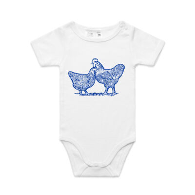 COUNTRY CHICKENS - BLUE ON WHITE - Classic Design - AS Colour - Baby 'Mini-me' Onesie Romper Thumbnail