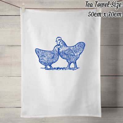 COUNTRY CHICKENS - BLUE ON WHITE - Classic Design - 100% Linen Tea Towel - Off White Thumbnail