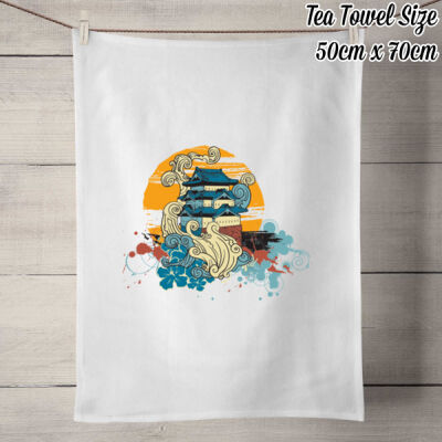 RETRO ORIENTAL TEMPLE SERIES - TEA TOWEL - 100% Linen Tea Towel - Off White Thumbnail